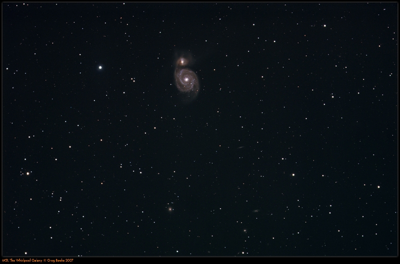 M51 Widefield.jpg - Title: M51 Whirlpool Galaxy Widefield By: Greg Beeke One hour of Lumminance and 10 minutes each of R,G and B captured through the TMB152/1200 with AP reducer.  I used the Trfid 6303 to give a nice wide field of view